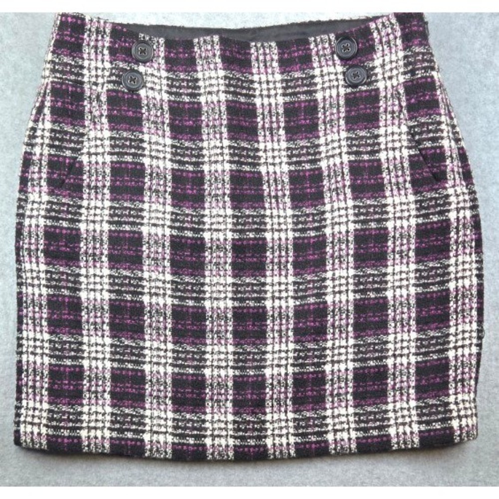 Ann Taylor LOFT Petite Plaid Tweed Mini Skirt Purple Black White 2P